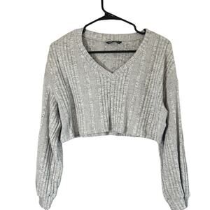 Shein Gray Long Sleeve Textured Ribbed V-Neck Cropped Knit Blouse Women Sz XS